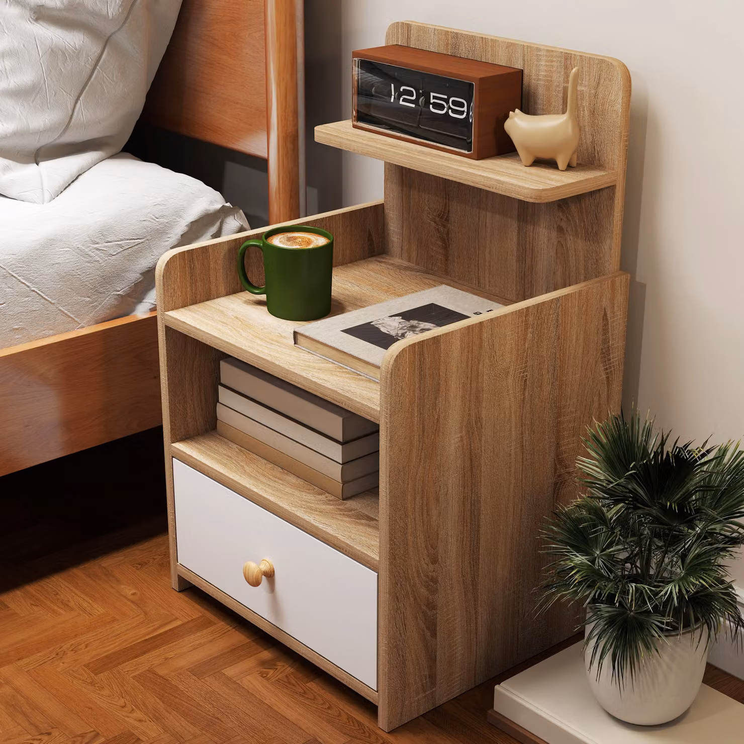 HOMCOM Scandinavian Multi-Storage Bedside Table in White and Wood-Effect MDF – 6