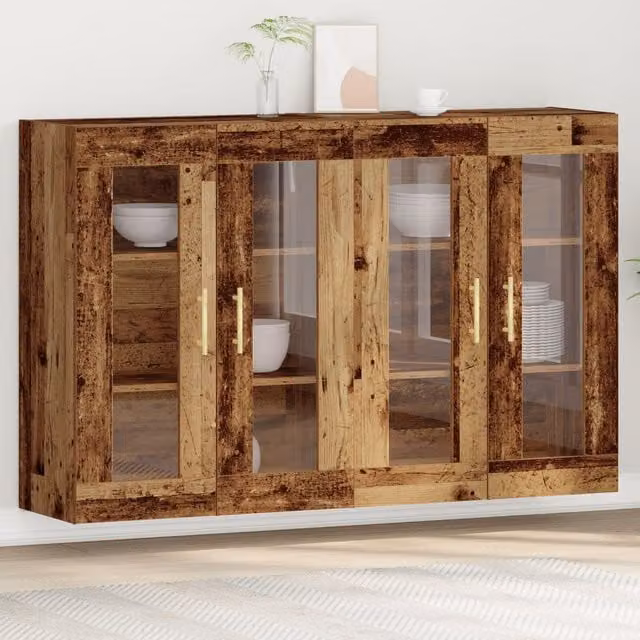 Berkfield Home Set of 2 Wall Mounted Rustic Solid Wood Cabinets in Brown and Gold, W/D/H: 90 x 34 x 139 cm