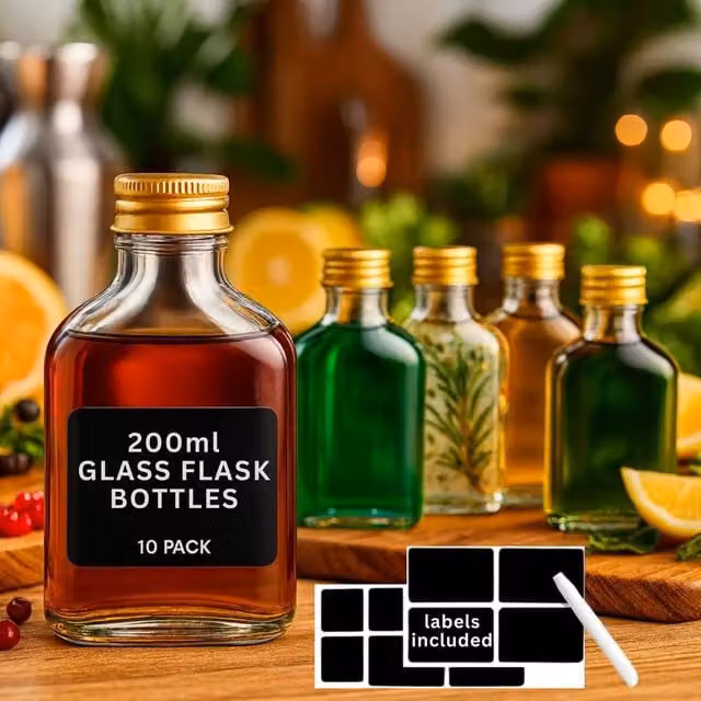 Volila 10 Pack Clear Glass Flask Bottles with Gold Screw Caps, Labels and Pen, 206ml each – 1
