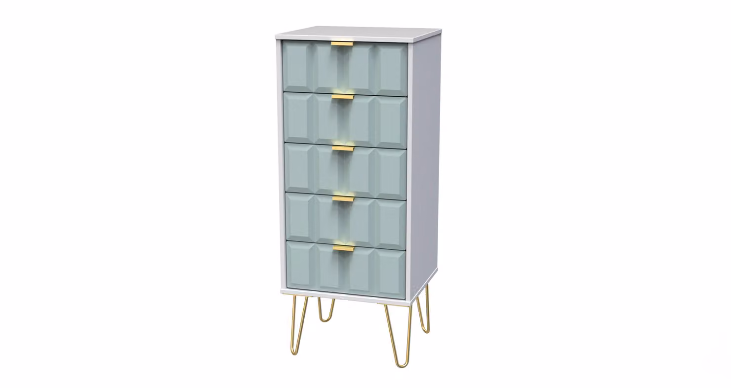 Ready Assembled 2 U Metro 5 Drawer Tall Bedside Cabinet in Duck Egg Blue and Gold – 2