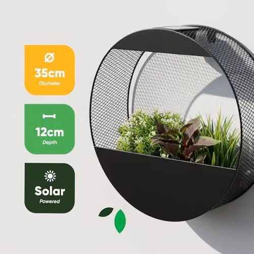 Gardenwize Round Solar Powered Wall Planter with Warm White LED Light in Black – 2