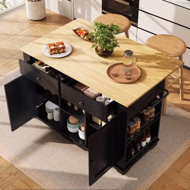 Rolipo Black Kitchen Island Trolley with Wood Grain Top and Power Strip – 1