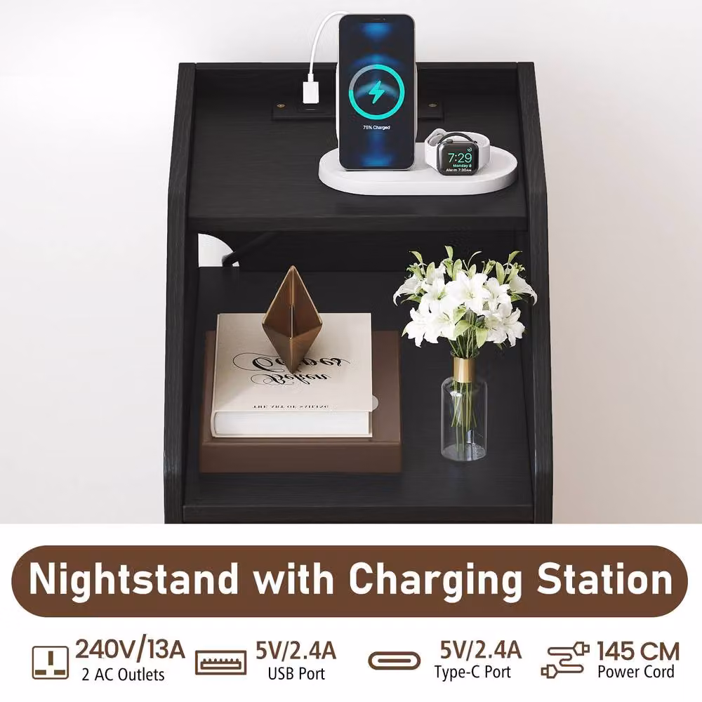 Gymax Black Side Table with Charging Station and Storage Drawers – 7