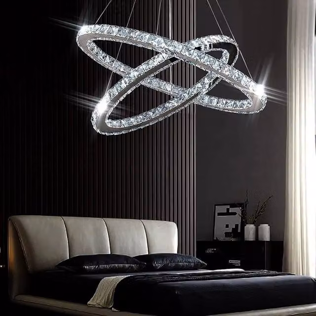 FLAVORA Modern Dual Ring Crystal LED Pendant Chandelier in Silver – 1