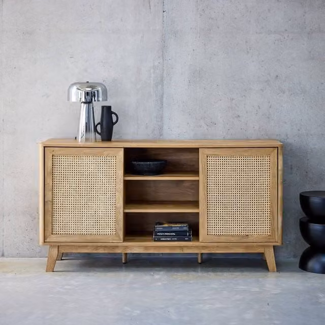 Sweekeet Retro Sideboard with Wood and Cane Effect and 2 Sliding Doors in Light Brown, W: 150 cm – 1