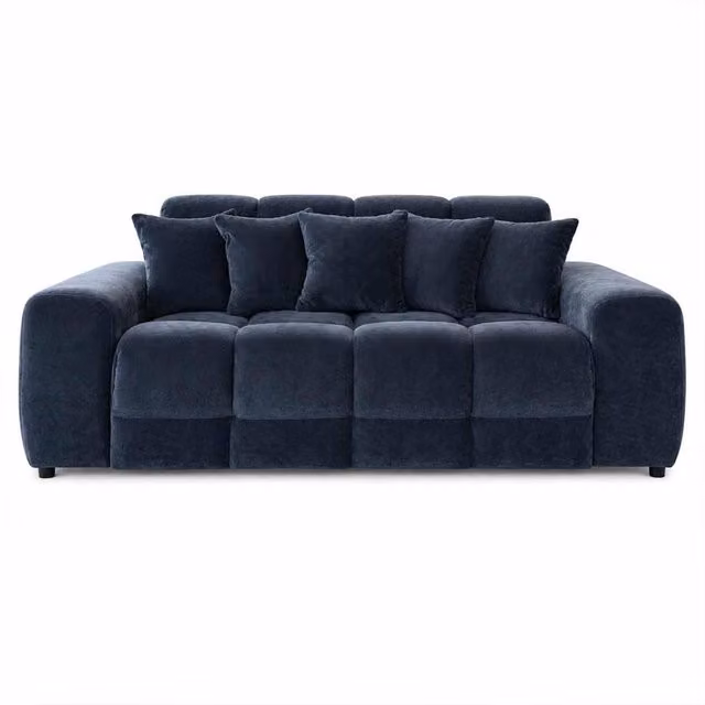 Furnishings For Less UK Jenson 3 Seater Black Plush Velvet Sofa with Deep Seats and Scatter Cushions W: 215 cm, H: 90 cm, D: 105 cm