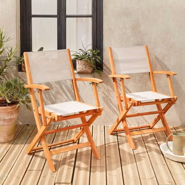 sweeek Pair of Foldable Wooden Garden Chairs with Armrests and Removable Grey Cushions in White – 1