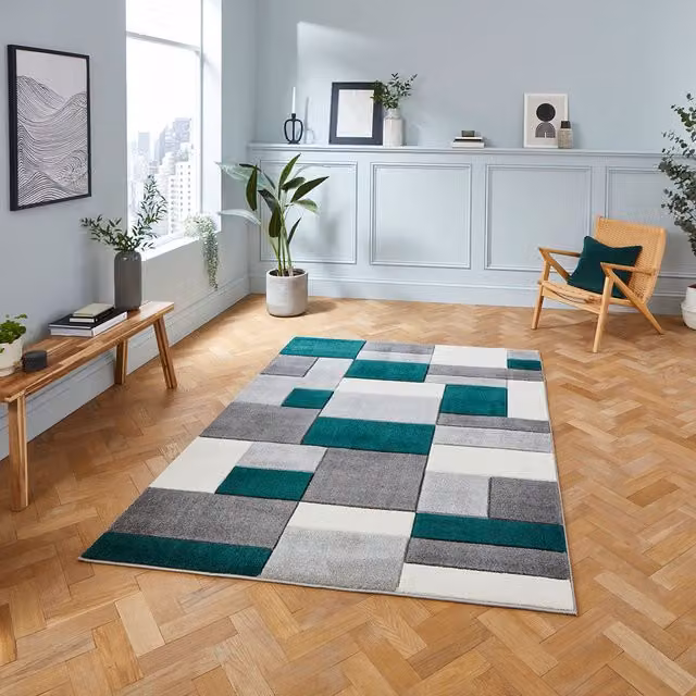 Terrys Modern Geometric Rectangular Rug in Grey and Green
