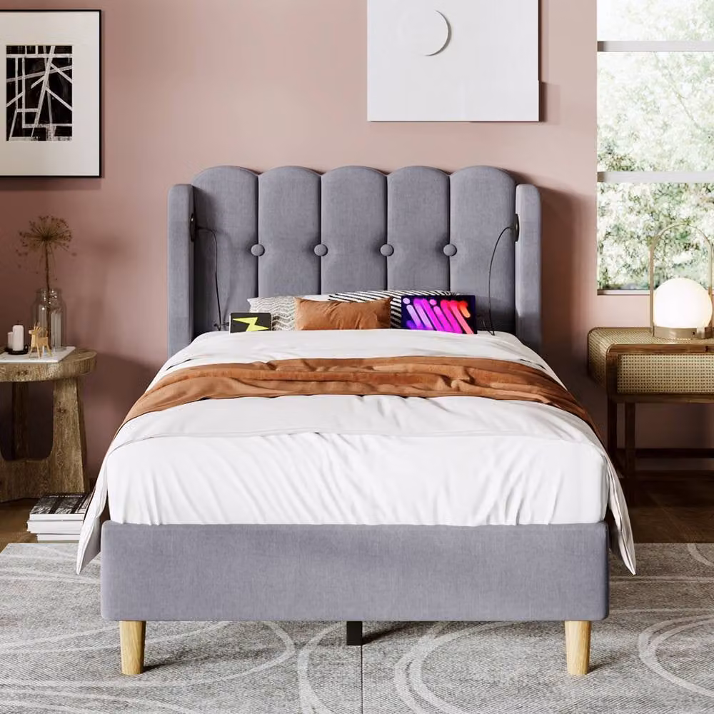 BTM Upholstered Wooden Slatted Bed Frame with USB Charging Port in Grey, W/D/H: 140 x 200 cm – 6