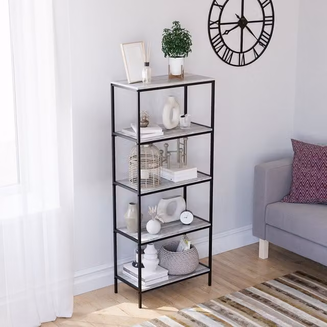Vida Designs Brooklyn 5 Tier Industrial Bookcase in Grey and Black