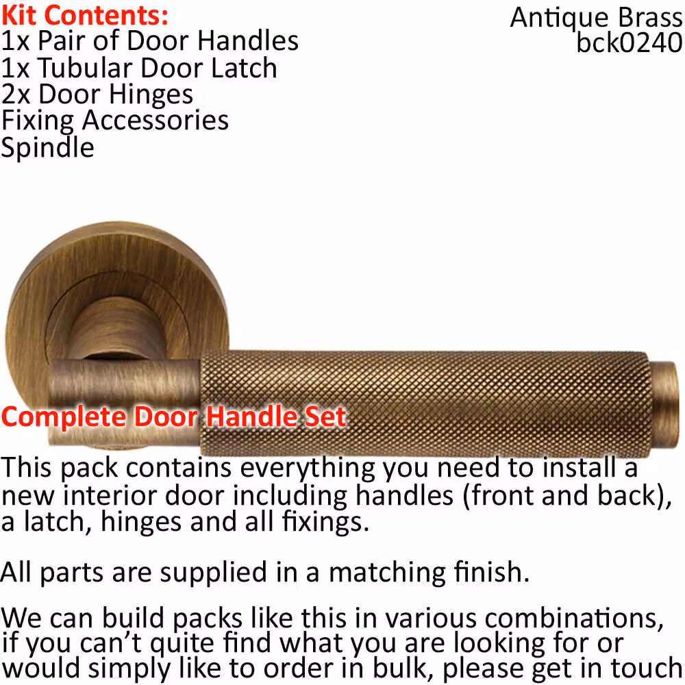 Loops Antique Brass Knurled Round Bar Door Handle and Latch Pack with Screwless Round Rose – 2