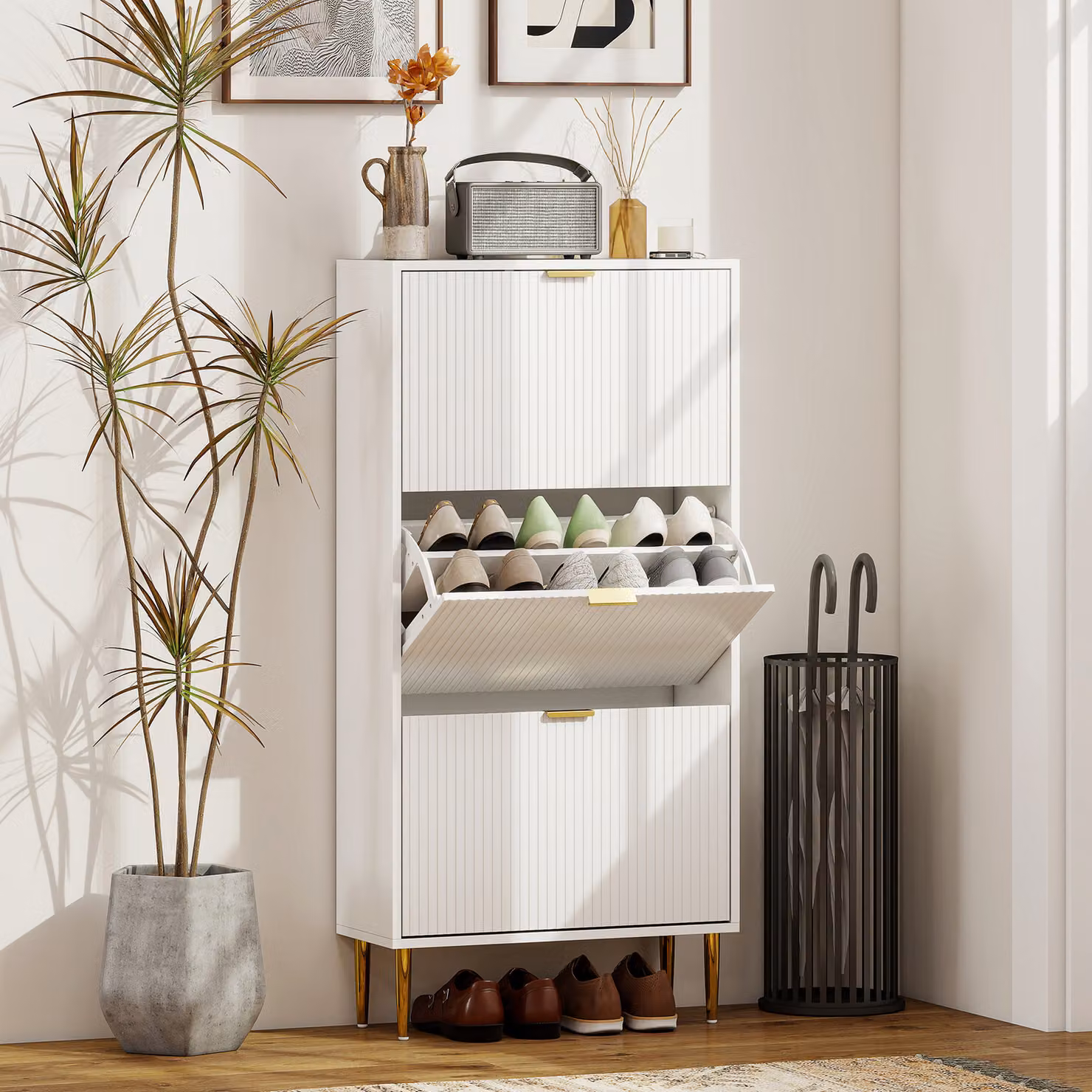 HOMCOM Modern Narrow White and Gold Shoe Cabinet with 3 Tilting Compartments and Metal Details – 2