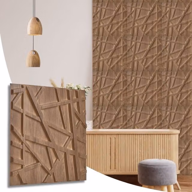 NOVECRAFTO Geometric Line 3D Wall Panels, Brown Wood Look PVC Cladding, W/D/H: 50 x 50 x 0.25 cm
