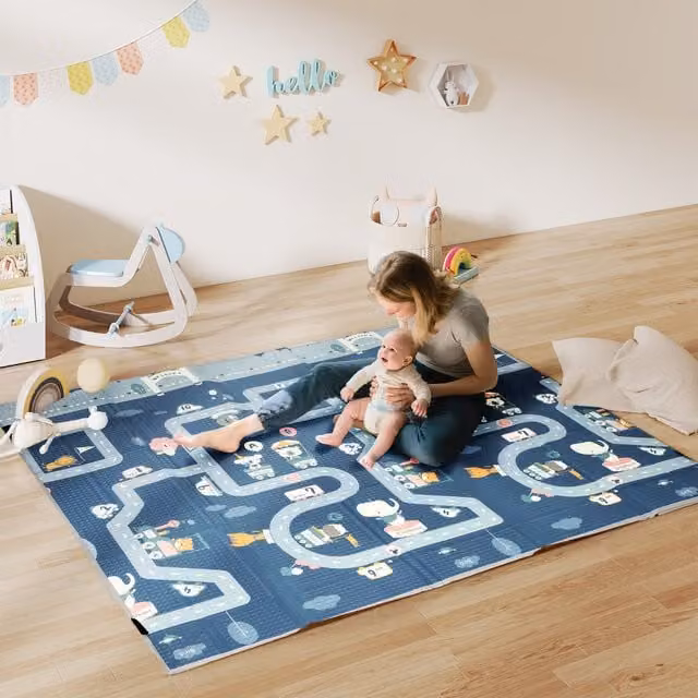 AIYAPLAY Foldable Reversible XPE Foam Baby Play Mat and Playpen for Toddlers, Blue