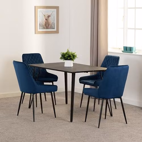 Seconique Marlow Dining Set with Avery Chairs in Black Marble Effect and Blue – 1