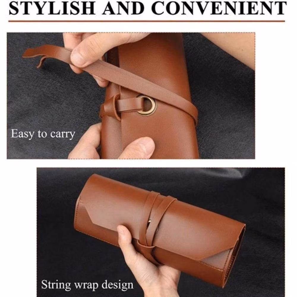 FLAVORA Brown Leather Roll Up Tool Storage Organizer Bag W: 52 cm, H: 1000 cm – 2