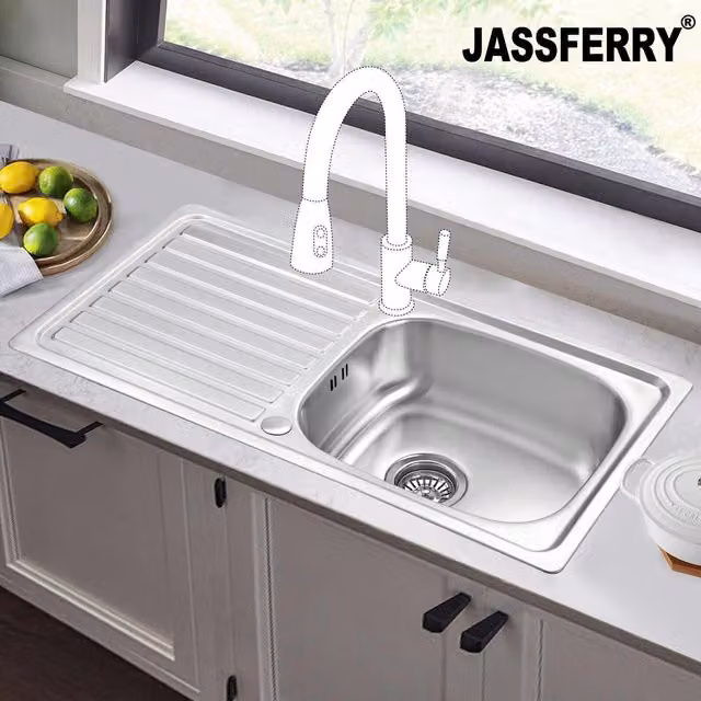 JASSFERRY Reversible Stainless Steel Kitchen Sink with Drainer in Silver, W/D/H: 86.0 x 43.5 x 16.0 cm – 1