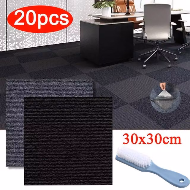Ventryn 20 Pack Self-Adhesive Carpet Tiles in Black for Office, Retail and Home Flooring – 1