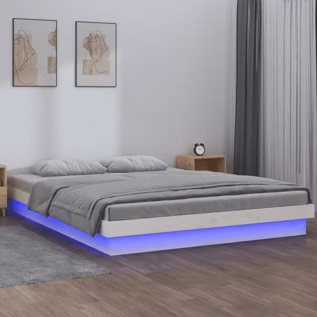 Berkfield Home White Solid Wood Small Double LED Bed Frame with Under-Bed Lighting and USB Charging Port, W/D/H: 120 x 200 cm