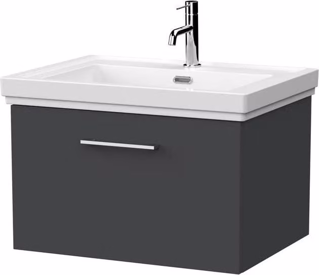 Balterley Pershall Modern Wall Mounted 1 Drawer Vanity Unit and White Fireclay Basin, Dark Grey, W: 60 cm