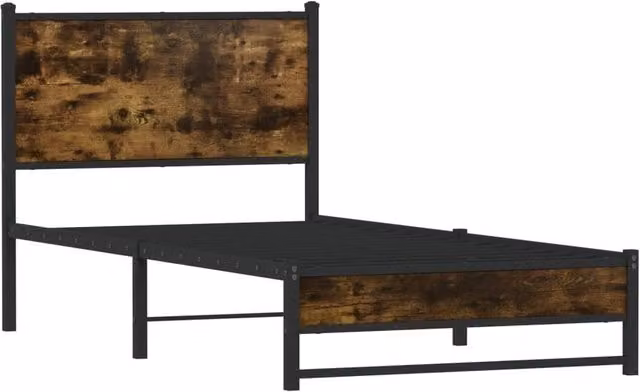 Berkfield Home Single Metal Bed Frame in Smoked Oak and Brown, W/D/H: 90 x 190 x 91.5 cm