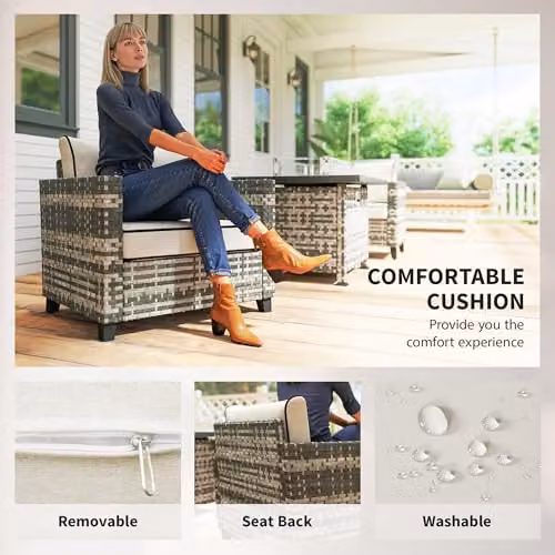 Outsunny 5 Piece Grey Polyrattan Garden Furniture Set with Outdoor Coffee Table, 2 Seater Sofa, Armchairs and Upholstered Cushions – 4