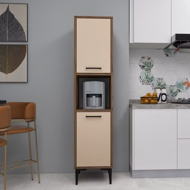 Destina Home Daminol Modern Kitchen Cabinet with Internal Shelves and Hinged Doors in Walnut and Beige