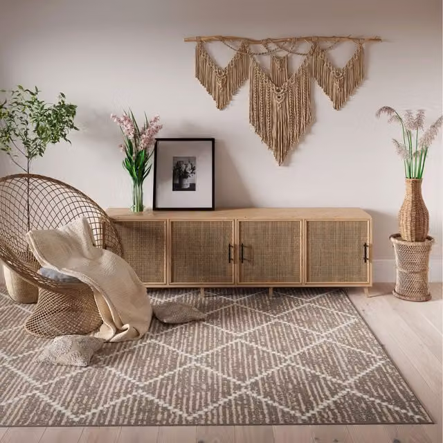 The Rug House Beige Diamond Trellis Boho Living Room Rug, W: 280 cm, D: 190 cm