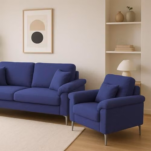 KOSY KOALA Modern Blue Fabric 2 Seater Sofa and Armchair Set with Scatter Cushions – 3