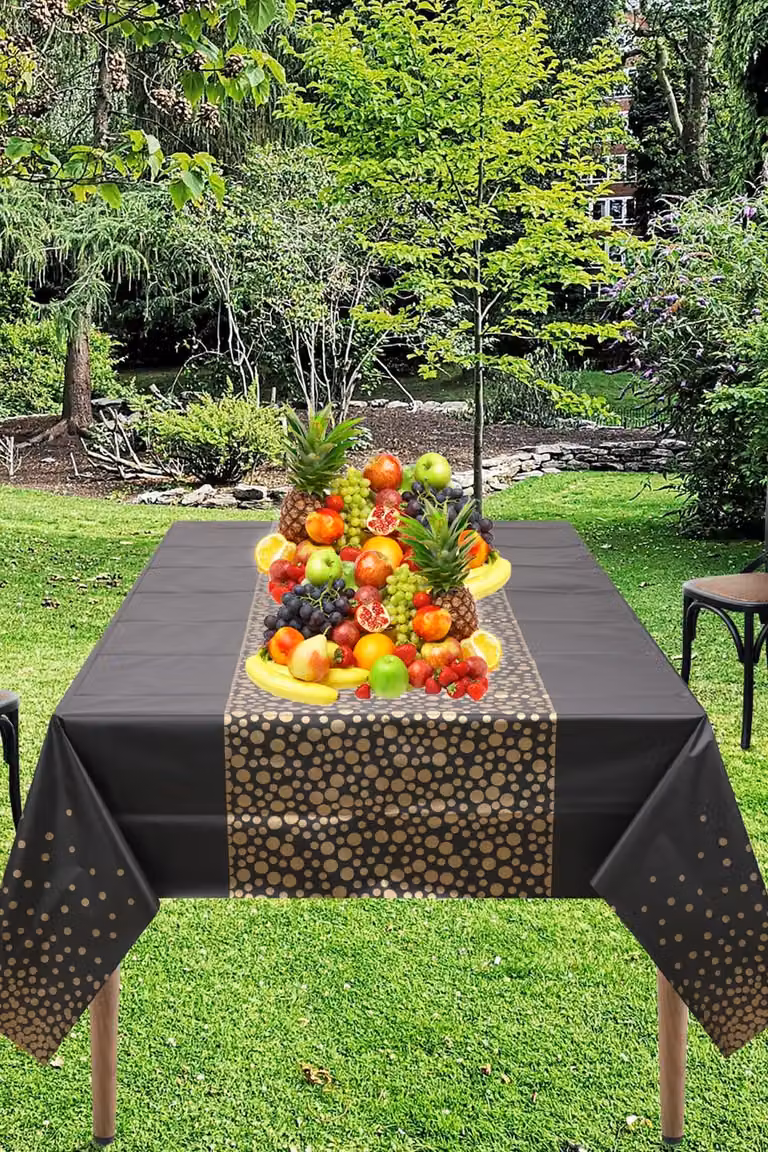 Neel Blue PVC Rectangular Tablecloth with Gold Dot Confetti Print, Black and Blue, W: 137 cm, L: 274 cm