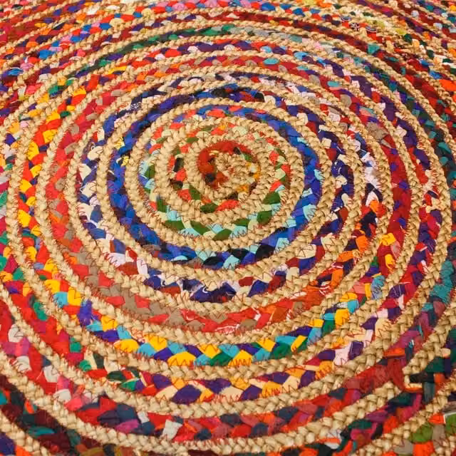 KDMK Handmade Round Boho Jute and Cotton Rug in Multicolour and Yellow