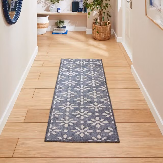Terrys Blue Geometric Modern Flat Weave Rectangular Polyester Easy Care Runner