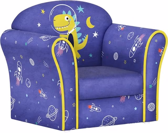 AIYAPLAY Kids Sofa with Planet and Dinosaurs Design, Pink Fabric Armchair with Solid Wood Frame – 1