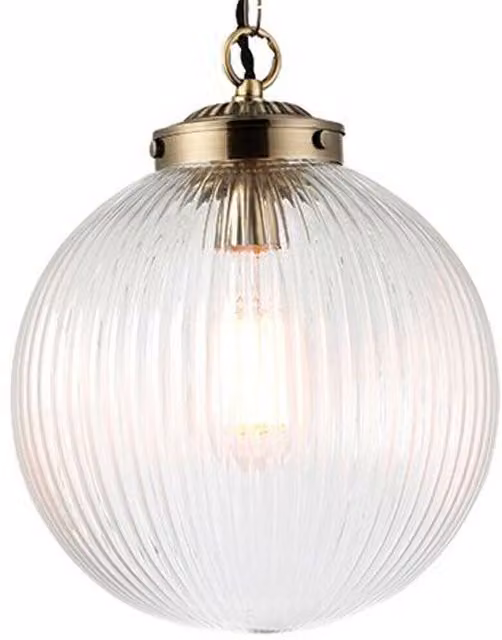 Loops Hanging Ceiling Pendant Light in Brass and Transparent Ribbed Glass