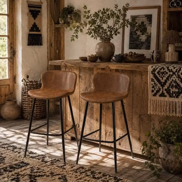 Wyld Haus Lorelu Set of 2 Vintage Brown Faux Leather Bar Stools with Metal Legs