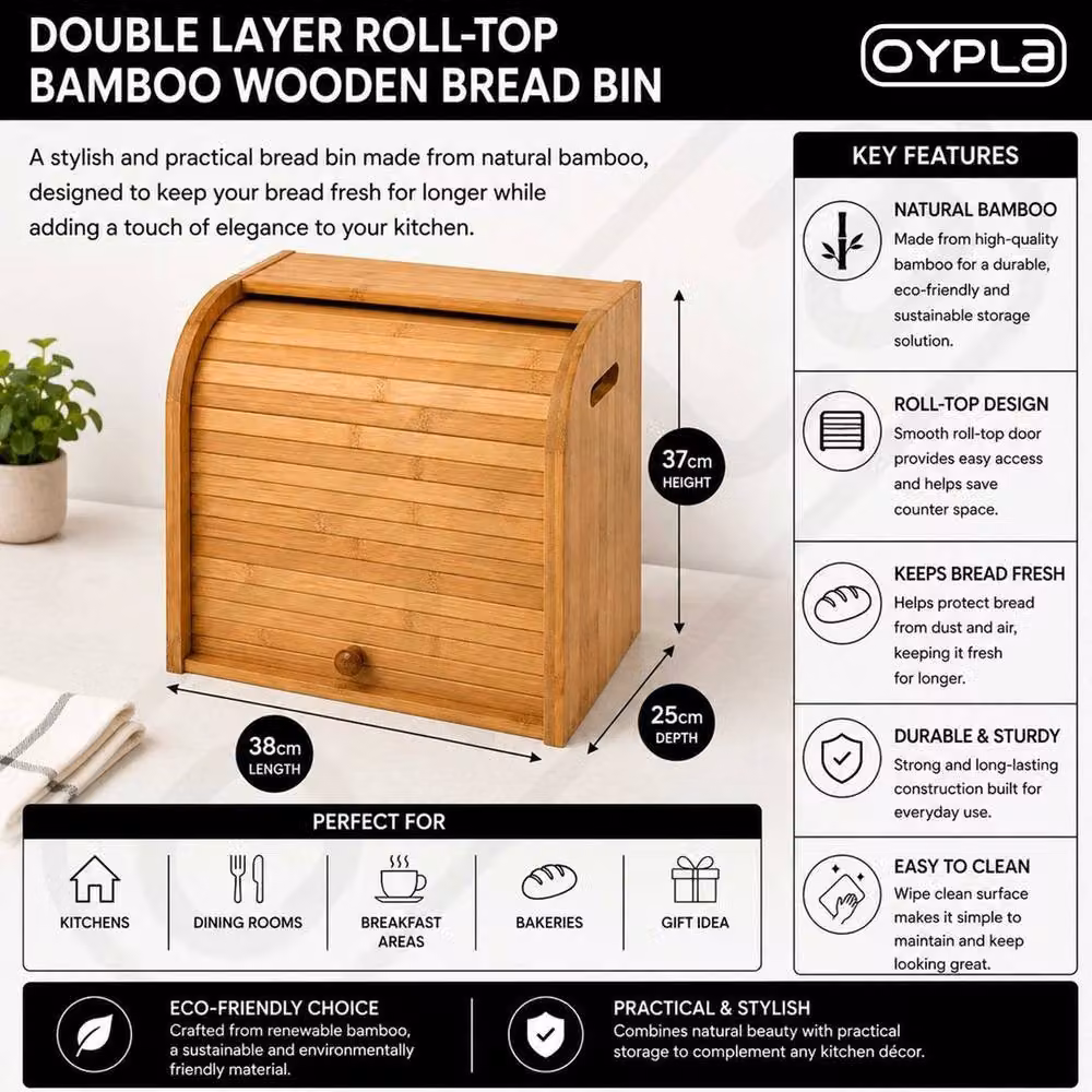 FLAVORA Double Layer Bamboo Roll Top Bread Bin in Natural Brown and Beige – 2