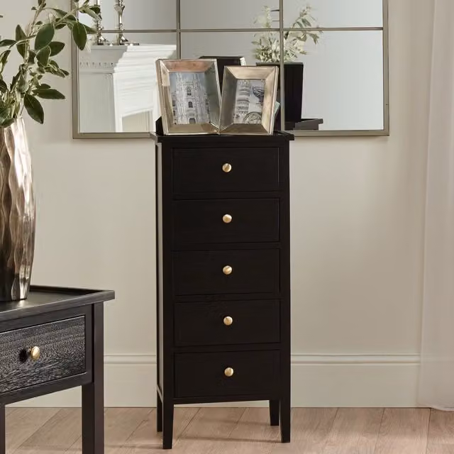 Pacific Lifestyle Modern 5 Drawer Tall Boy in Black Pine Wood and Metal