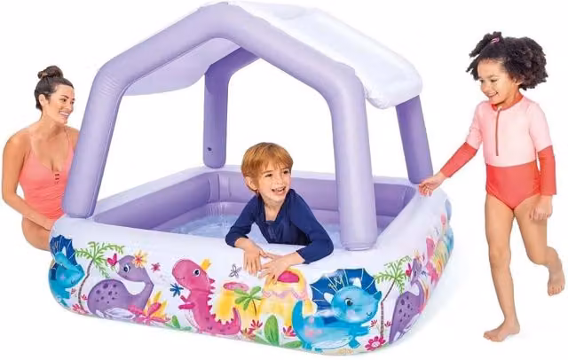 Intex Inflatable Rectangular Childrens Pool with Canopy in Purple and Multicolour