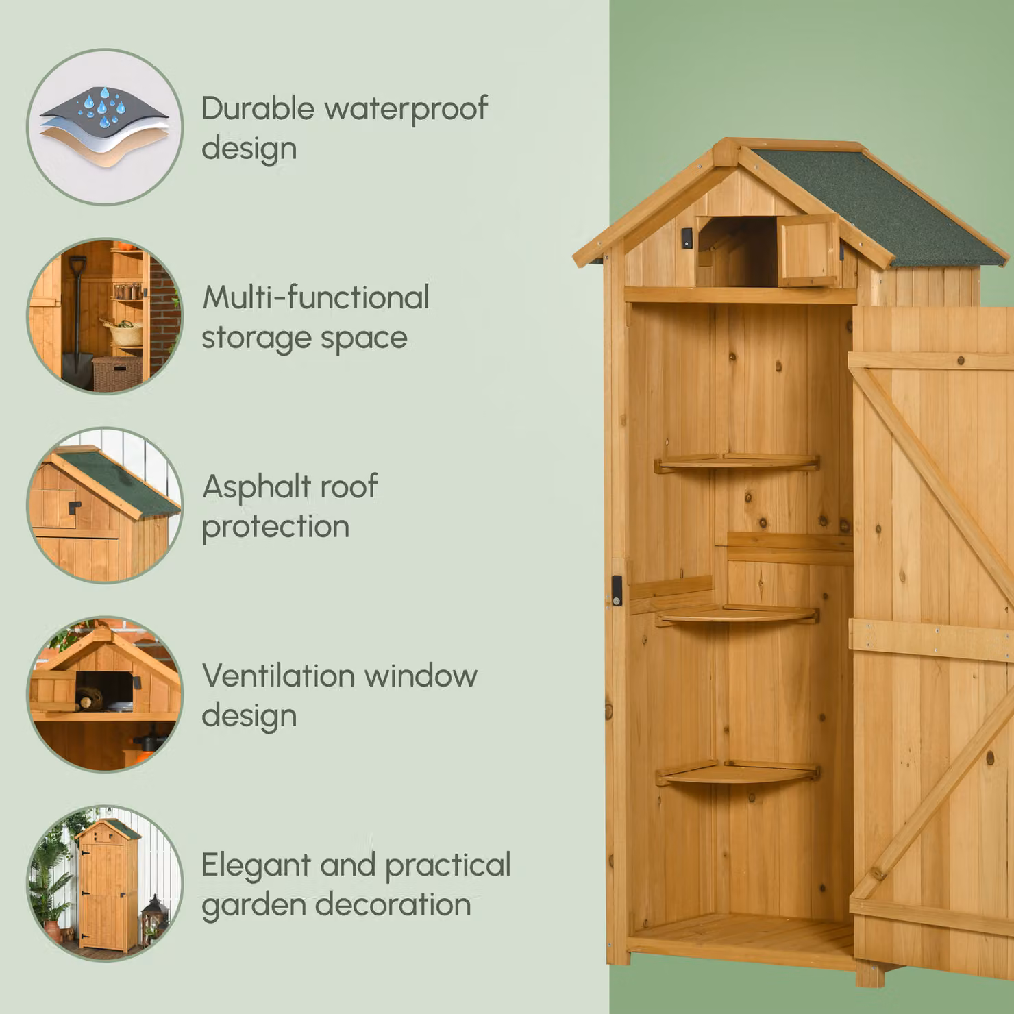 Outsunny Wooden Garden Storage Shed Vertical Tool Cabinet Organiser with Shelves and Lockable Doors, Brown, W/D/H: 77 x 54.2 x 179 cm – 6