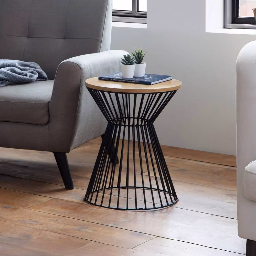 Cheshire Carloway Round Wire Lamp Table in Euro Oak, Black and Beige – 3