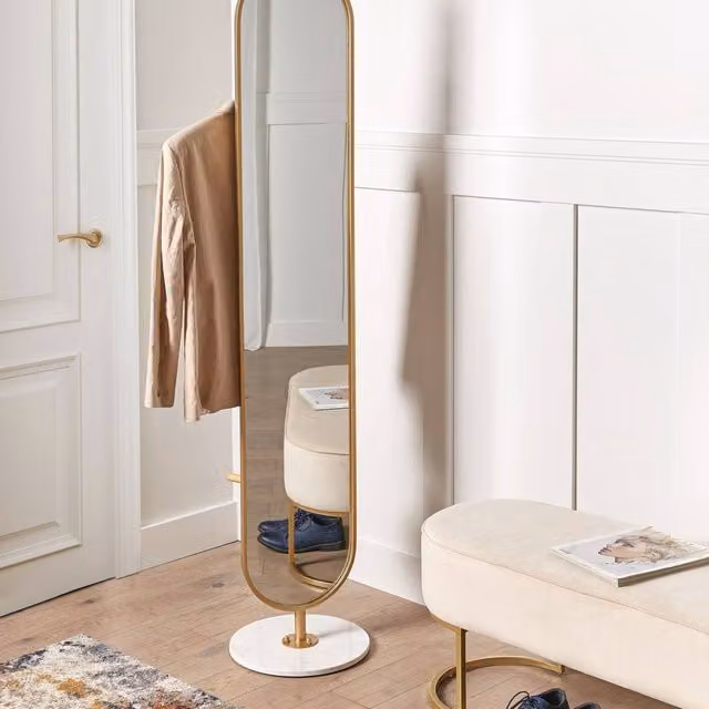 Wyld and Coco Luxor Gold Coat Stand with Full-Length Mirror and Marble Base, H 170 x W 34 x D 34 cm – 1