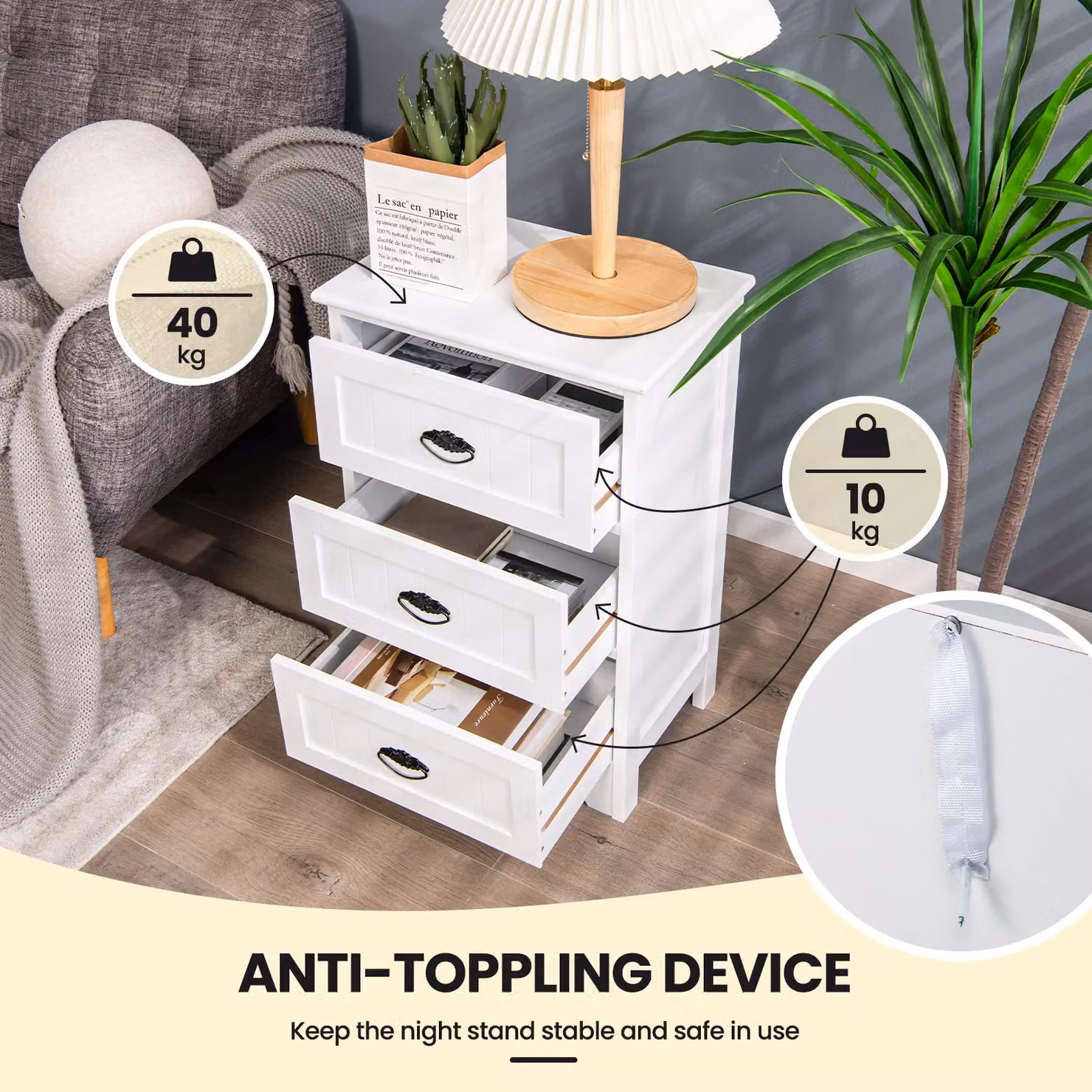 Costway Vintage Wooden 3-Drawer Bedside Table and Accent End Table in White – 4