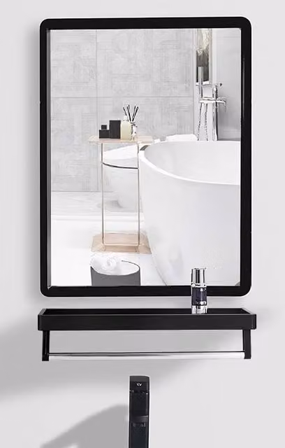 Living and Home Black Rectangular Bathroom Mirror with Shelf, W: 40 cm, D: 60 cm, H: 60 cm