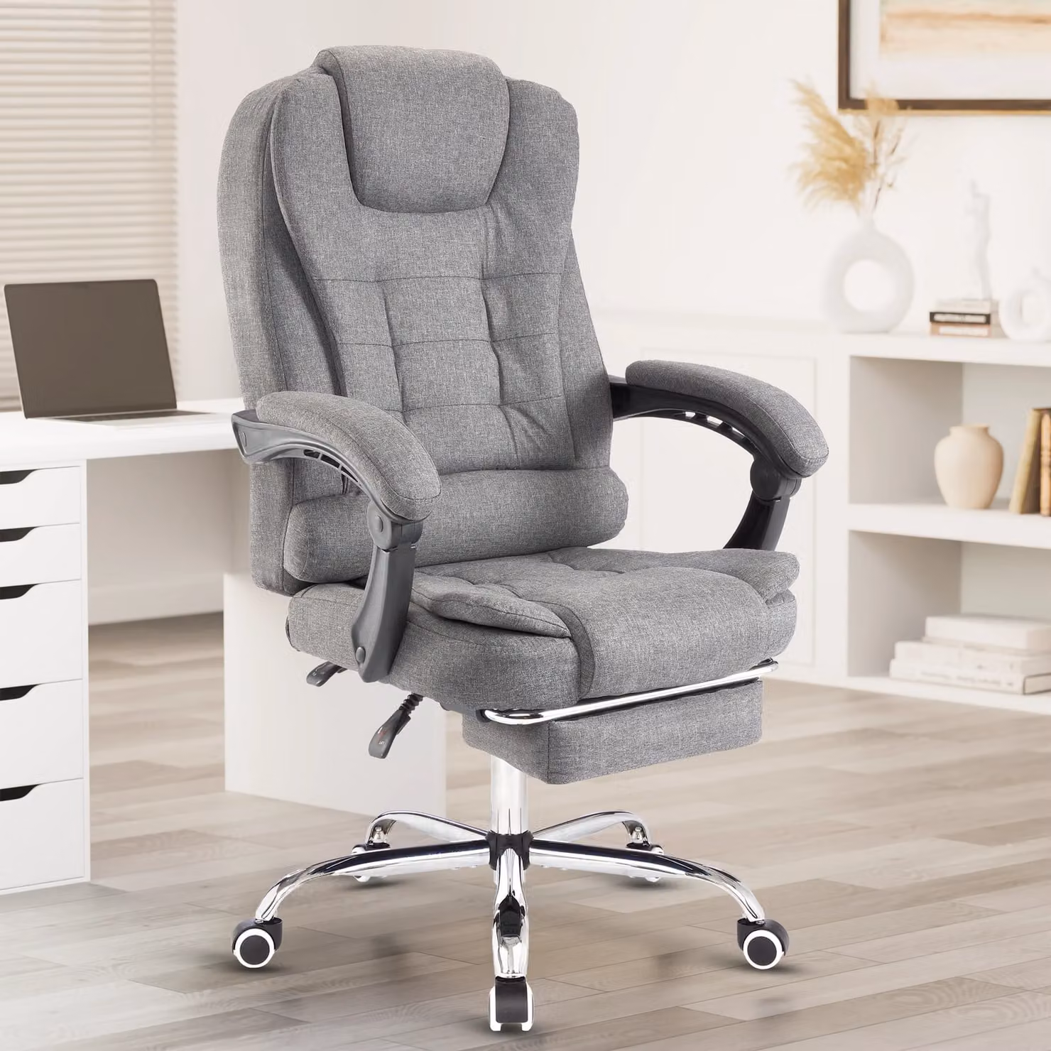 DHS Grey Linen Executive Ergonomic Office Chair with Headrest and Foot Ring