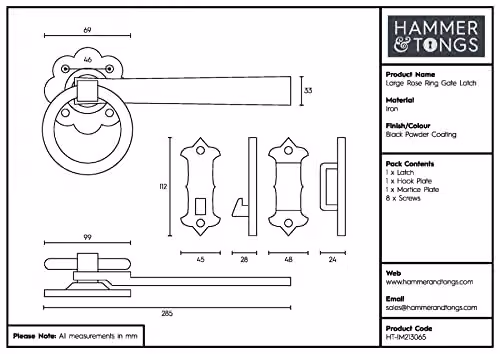 Hammer and Tongs Rose Ring Gate Latch, Matt Black Iron, Pack of 2, W: 28.5 cm – 4