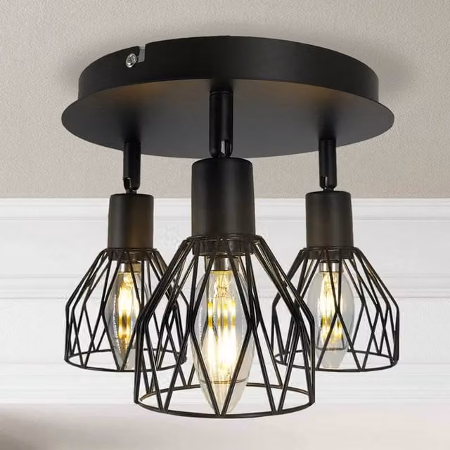 NIVOR Sputnik Black Caged 3-Light Industrial Semi Flush Mount Ceiling Chandelier, Diameter: 22 cm – 1