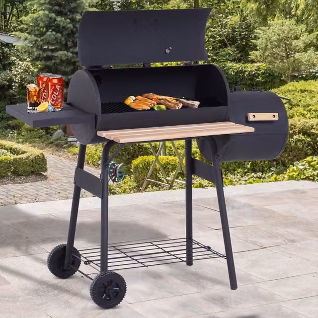 Outsunny Portable Charcoal BBQ Grill and Steel Offset Smoker Combo with Thermometer and Wheels, Black, W/D/H: 124 x 53 x 104 cm – 1