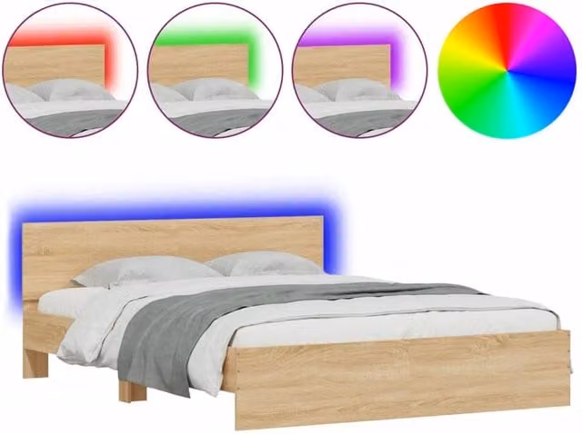 Berkfield Home Sonoma Oak Bed Frame with LED Lighting and USB Charging Port, Brown, W: 160 cm, D: 200 cm