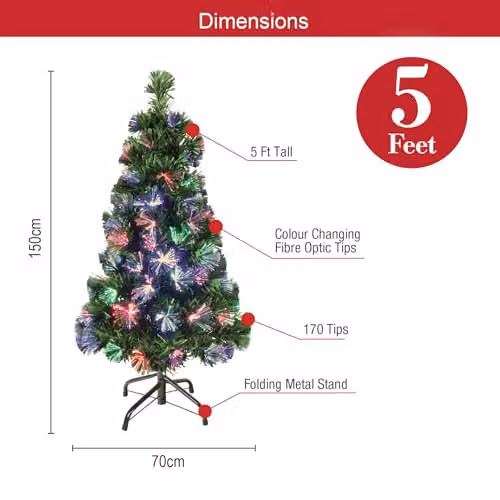 The Christmas Workshop 5ft Fibre Optic Christmas Tree in Green with Multicolour Lights, Height: 150 cm, Width: 14.5 cm – 3