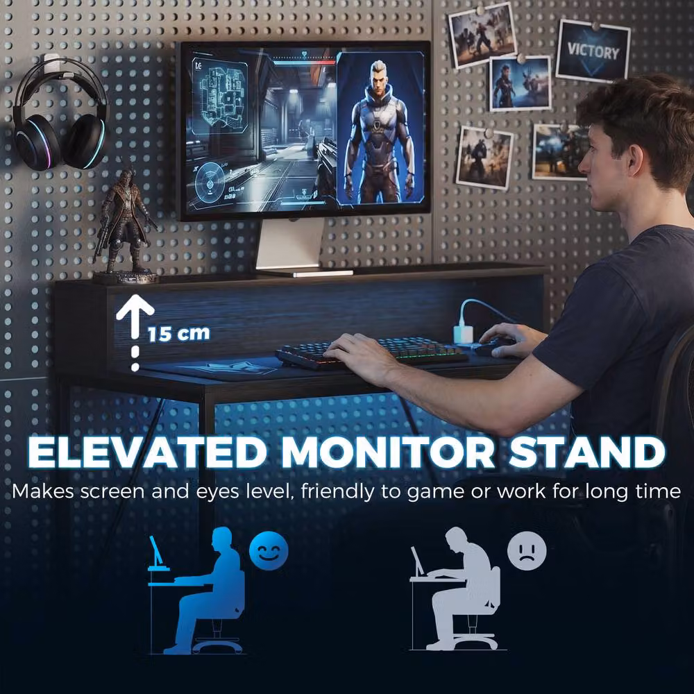 STILVORA Black Computer Desk with LED Lights, Power Outlets and Monitor Stand – 4